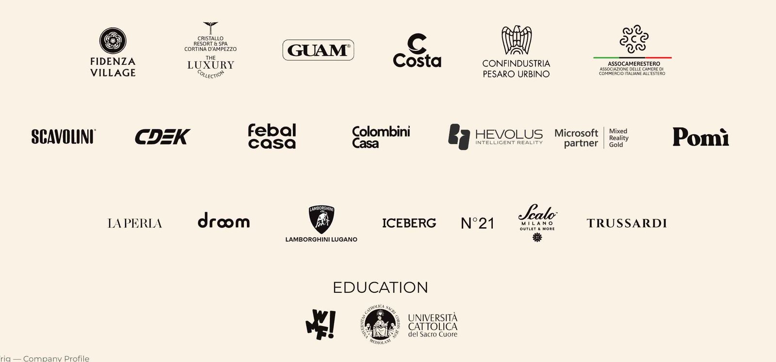 Loghi dei clienti: Fidenza Village, Cristallo Resort, GUAM, Costa, Confindustria Pesaro Urbino, Assocamerestero, Scavolini, CDEK, Febal Casa, Colombini Casa, Hevolus, Pomì, La Perla, Droom, Lamborghini Lugano, Iceberg, N°21, Scalo Milano, Trussardi, Università Cattolica